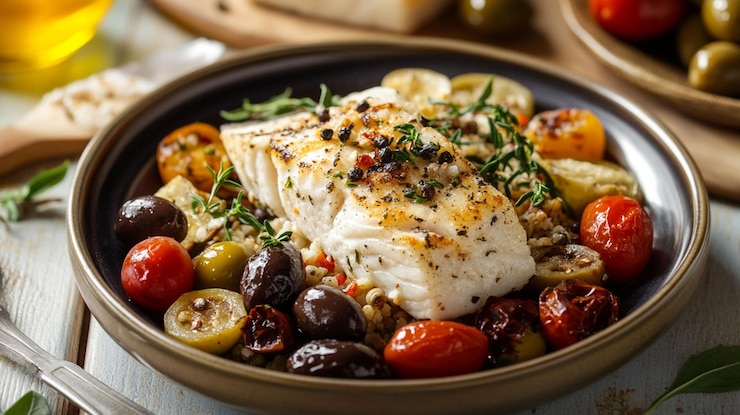 PSD filete de bacalao al horno con aceitunas, tomates y hierbas en un lecho de arroz