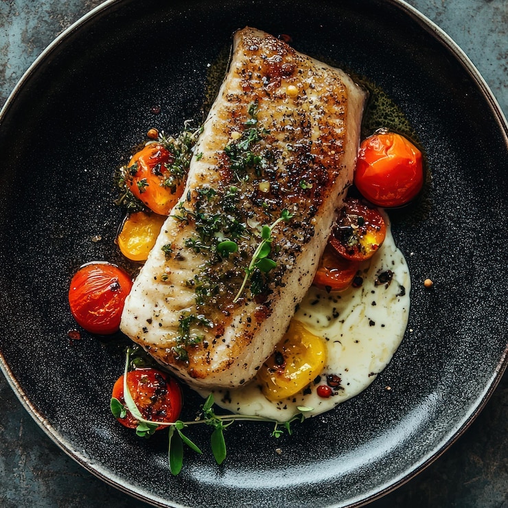 PSD filete de pescado asado con tomates cereza asados y salsa de hierbas