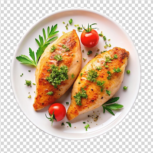 PSD filete de pollo al horno en un plato blanco aislado sobre un fondo blanco