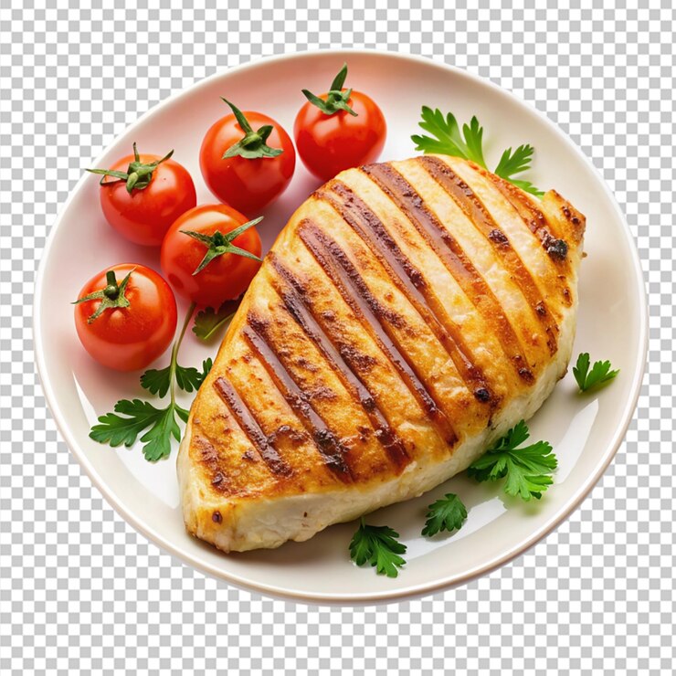 PSD filete de pollo a la parrilla aislado en un plato sobre un fondo transparente png