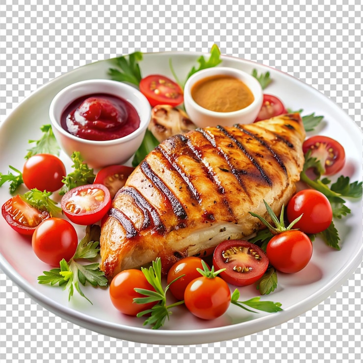 PSD filete de pollo a la parrilla aislado en un plato sobre un fondo transparente png