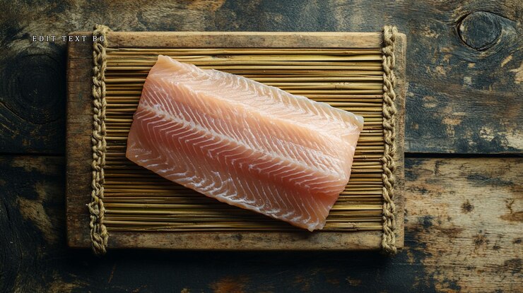 PSD filete de salmón crudo en una tabla de madera rústica