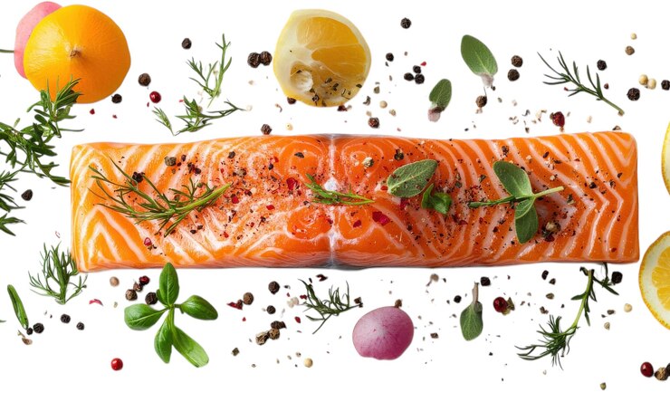 PSD filete de salmón fresco adornado con hierbas y cítricos en un ambiente de cocina vibrante