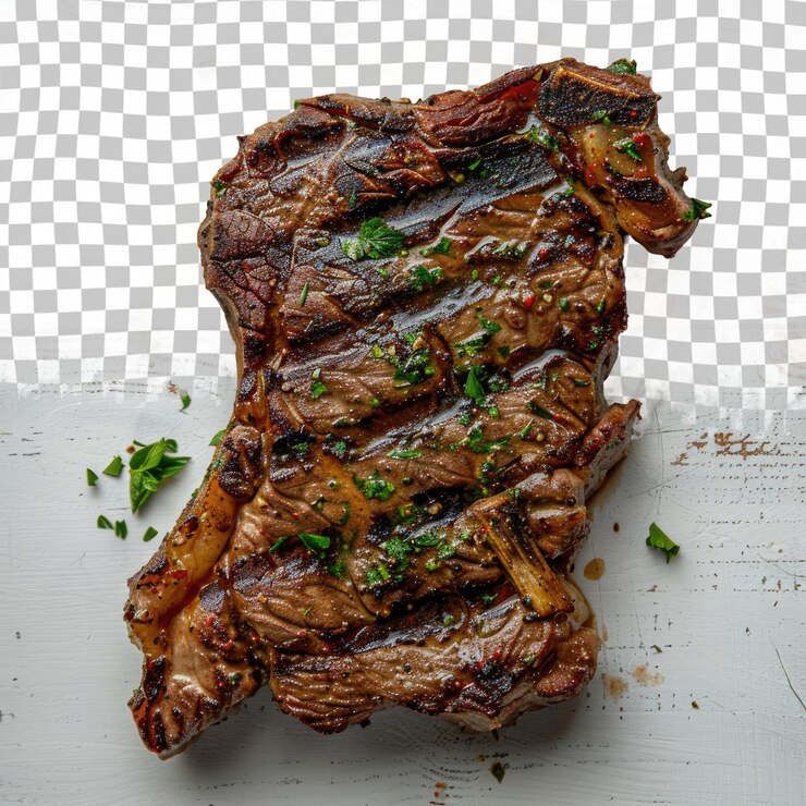 PSD un filete con un vegetal verde en él se sienta en una mesa