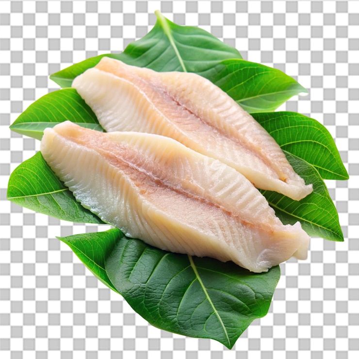 PSD filetes de pescado en hojas verdes aisladas sobre un fondo transparente