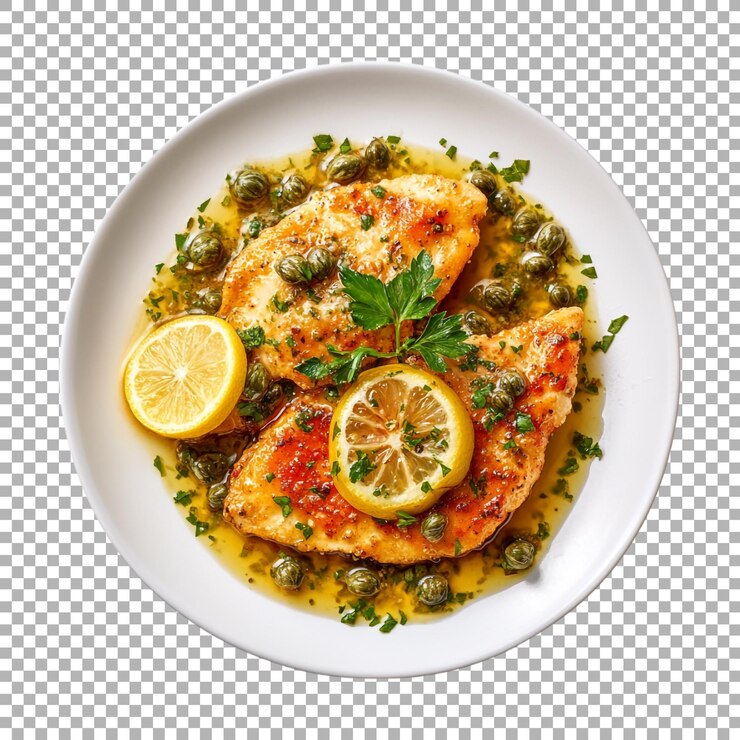 PSD filetes de pescado con limón en un plato sobre un fondo transparente