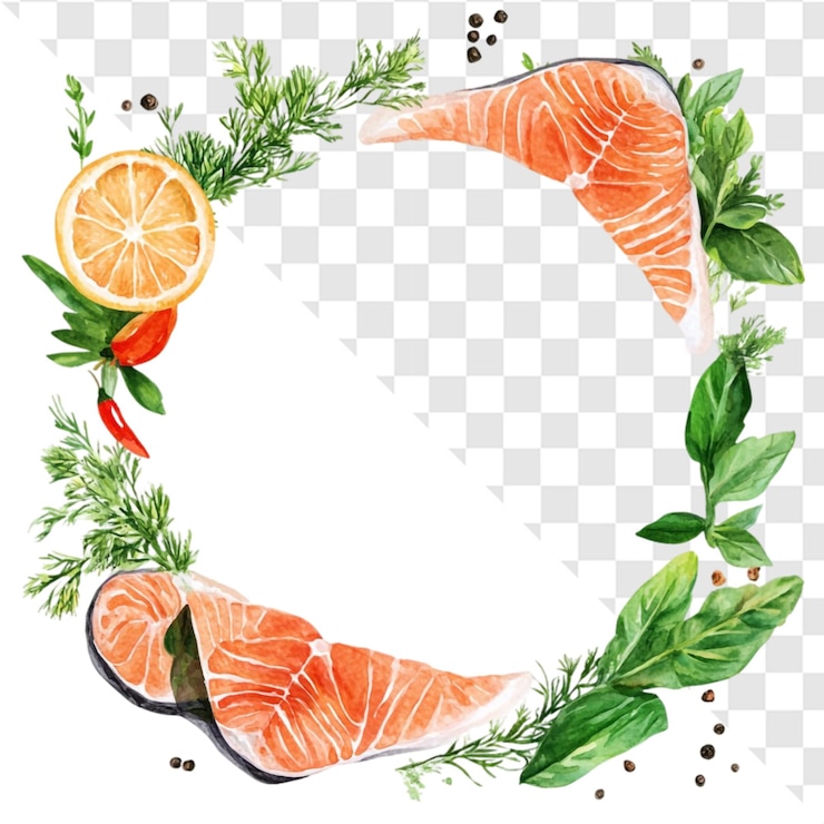 PSD filetes de salmón hierbas limón y especias apetitoso marco de acuarela