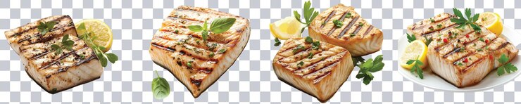 PSD filetes de salmón perfectamente asados con hierbas frescas y limón fondo transparente