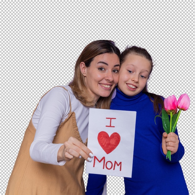 Filha feliz dando cartão de saudação e flores de tulipas para sua mãe surpresa e sorridente celebrando o dia da mãe de pé sobre a parede roxa