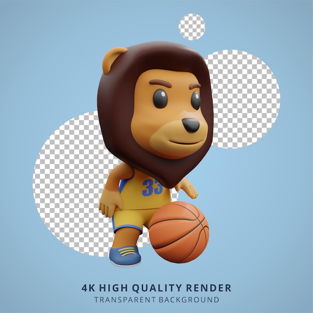 Filhote de leão animal jogando basquete ilustração 3d de personagem fofo