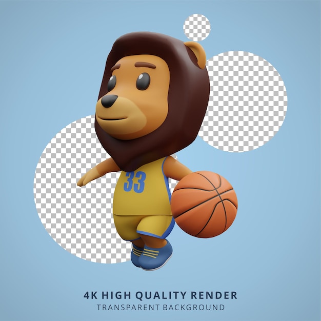Filhote de leão animal jogando basquete ilustração 3d de personagem fofo