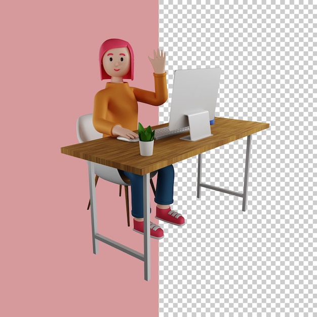 Fille 3D à haute résolution agitant pendant qu'elle travaille sur un ordinateur
