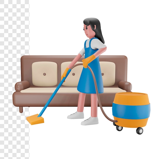 fille 3d nettoyant la maison