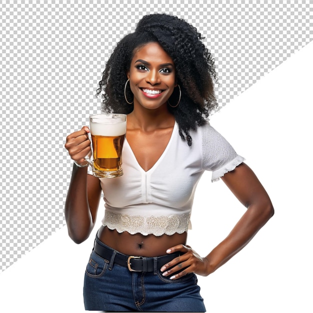 PSD une fille africaine tenant de la bière sur un fond transparent