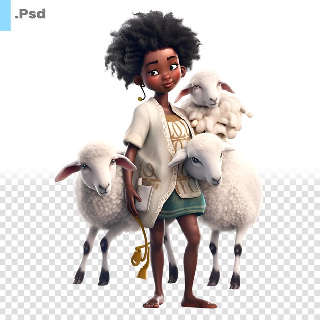 PSD fille afro-américaine avec des moutons. isolé sur fond blanc. modèle psd