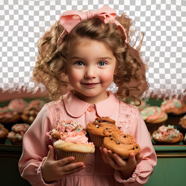 Une Fille D'âge Préscolaire Débordée Avec Des Cheveux Ondulés De L'ethnie Mongole Vêtue D'une Tenue De Pâtisserie Pose Dans Un Style One Hand On Waist Sur Un Fond De Corail Pastel