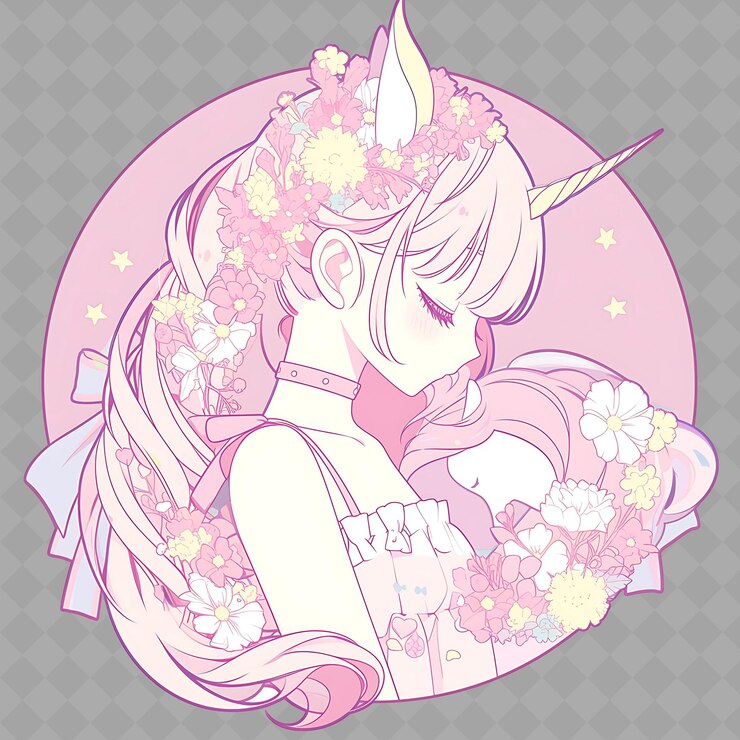 PSD une fille avec un anime sur la tête est entourée de fleurs