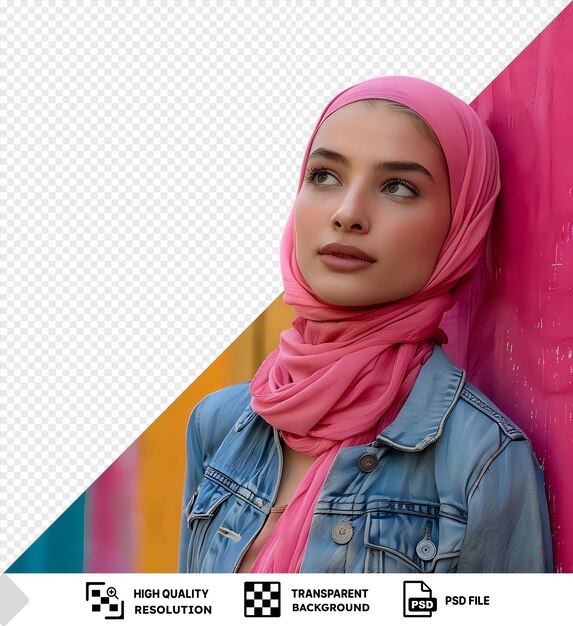 PSD fille audacieuse face à une peur invisible portant une veste bleue et un foulard rose avec un mur rose en arrière-plan ses yeux bruns grand nez et bouche ouverte sont visibles comme