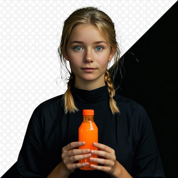 PSD fille aux cheveux blonds portrait dans les mains d'une bouteille orange dans une combinaison noire sur un fond noir isolé