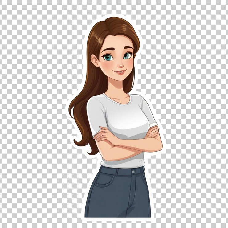 PSD une fille aux cheveux bruns et une chemise bleue sur un fond blanc