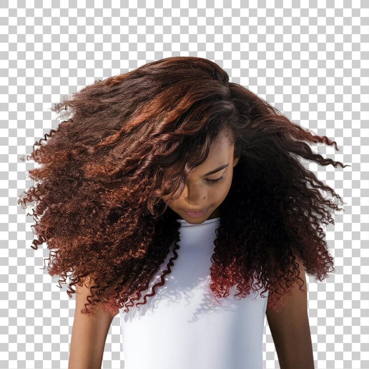 PSD fille aux cheveux gris noirs ondulés et soyeux avec un fond transparent