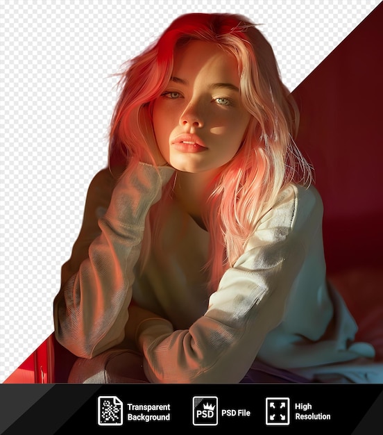 PSD une fille aux cheveux roses réfléchie se reposant dans la chambre png psd