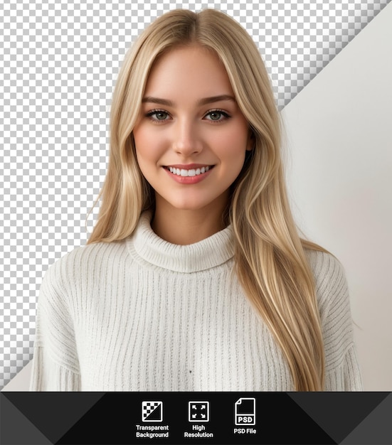 PSD une fille blonde psd avec un sourire blanc comme la neige sur un fond transparent