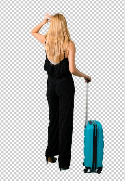 Fille Blonde Voyageant Avec Sa Valise Avec Le Recul