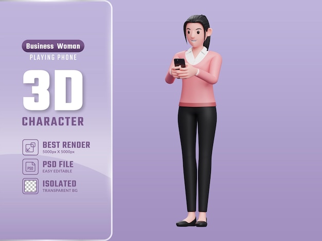 Fille En Chandail Taper Un Message Sur Le Smartphone Rendu 3d Illustration De Personnage De Fille Douce