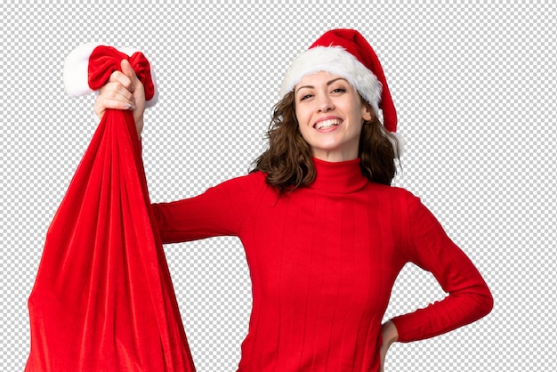 Fille Avec Un Chapeau De Noël Tenant Un Sac De Noël Rempli De Cadeaux