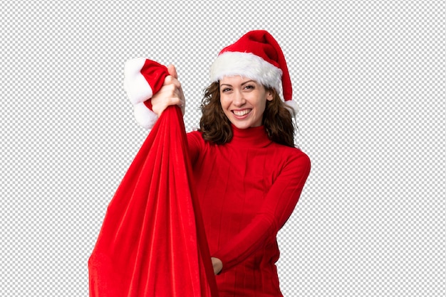 Fille Avec Un Chapeau De Noël Tenant Un Sac De Noël Rempli De Cadeaux