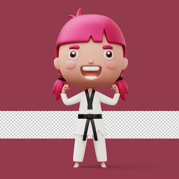 PSD fille de combattant de taekwondo enfant heureux porter un uniforme de taekwondo personnage d'enfant rendu 3d