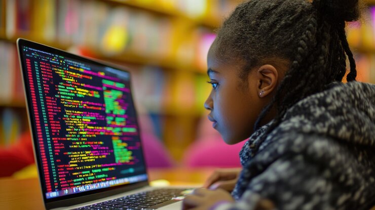 PSD fille concentrée codant sur un ordinateur portable dans la bibliothèque