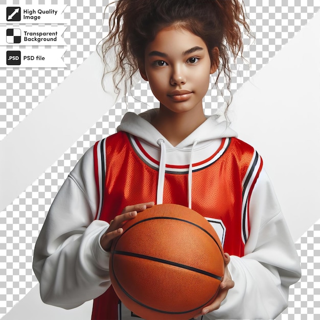 PSD une fille dans un hoodie rouge et blanc tient un ballon de basket