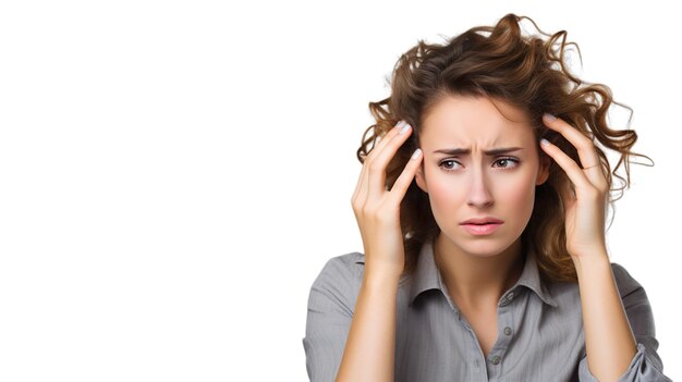 PSD fille déprimée aux cheveux ouverts et au visage triste isolée sur un fond transparent dépression solitude