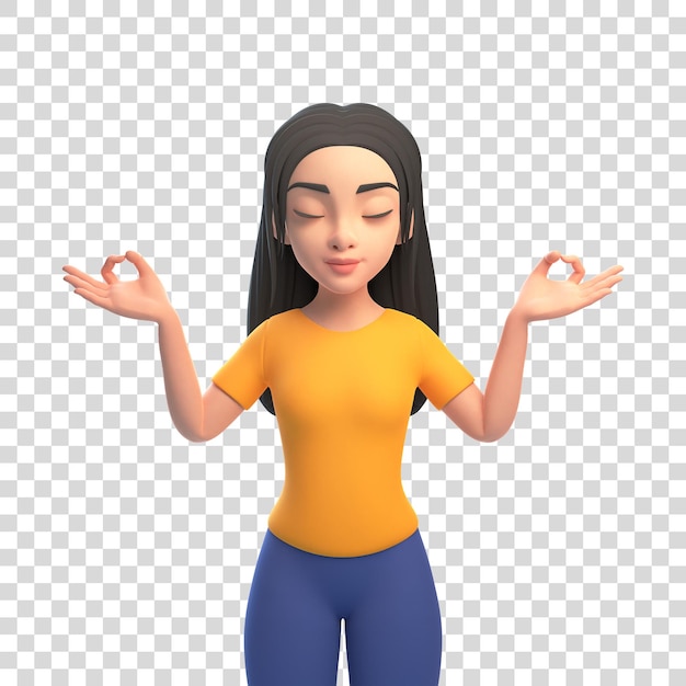 Fille de dessin animé en t-shirt jaune et jeans médite sur un fond blanc Pratique de méditation 3D