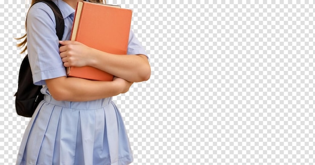 PSD fille d'école enfant heureuse avec livre isolé sur fond transparent