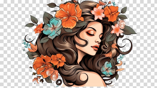 PSD fille avec des fleurs isolées sur illustration vectorielle fond transparent