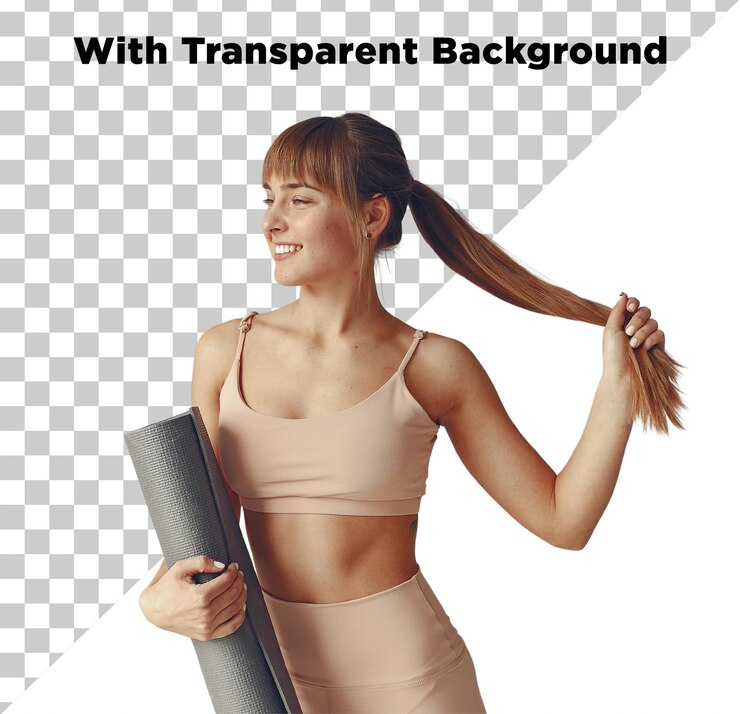 PSD fille en forme heureuse avec un tapis de yoga à la main créateur de scène sur fond transparent isolé