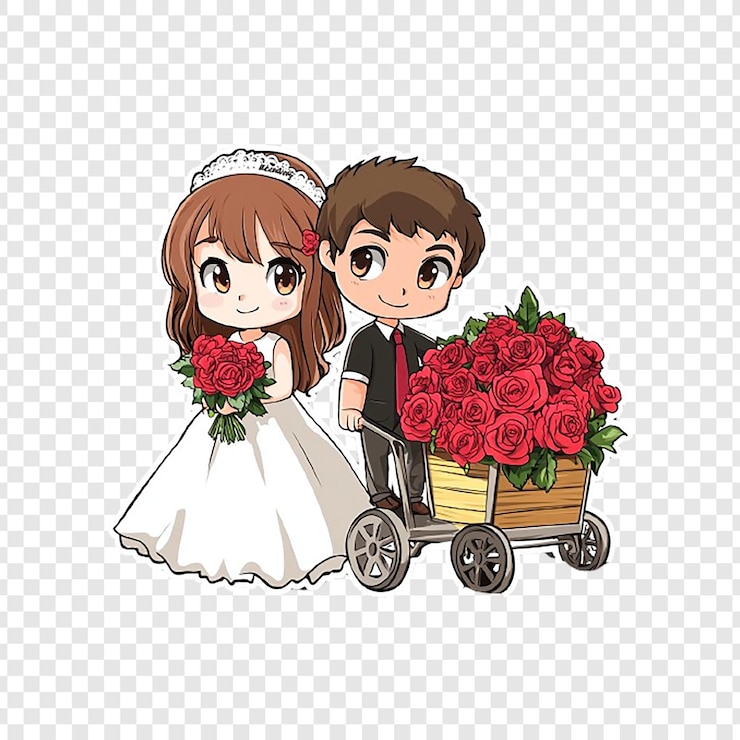 PSD une fille et un garçon tiennent des fleurs et une fille avec un panier de fleurs