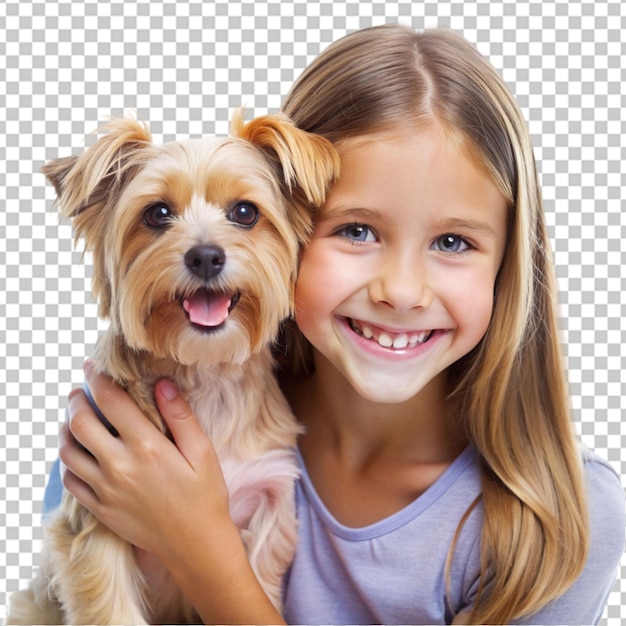 PSD une fille heureuse avec un chien de compagnie sur un fond transparent.