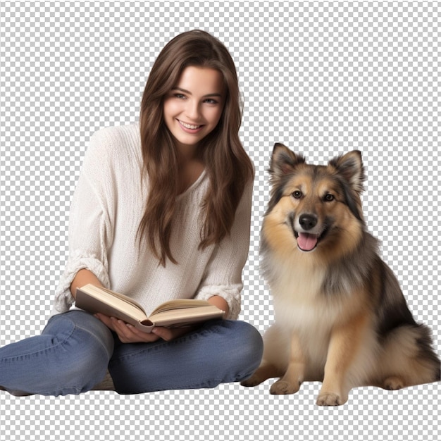 PSD une fille heureuse posant pour la caméra et un chien