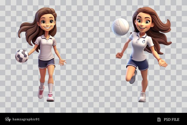 PSD fille de ligne de dessin animé jouant au volley-ball éclairage doux lisse seulement png premium psd