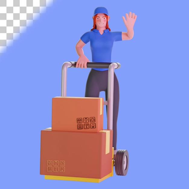 PSD fille de livraison et tenant un chariot chargé de boîtes en carton illustration 3d