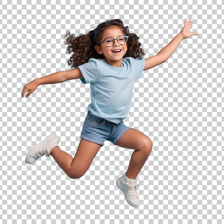 PSD une fille avec des lunettes sautant en l'air avec ses bras tendus