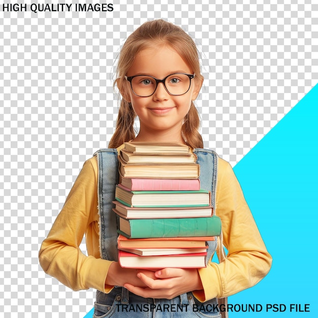 PSD une fille avec des lunettes tenant une pile de livres