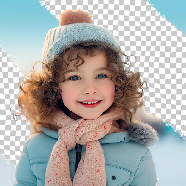 PSD une fille de la maternelle extatique aux cheveux bouclés d'origine scandinave vêtue d'une tenue de patinage dans la patinoire pose dans un style close up of lips sur un fond bleu ciel pastel