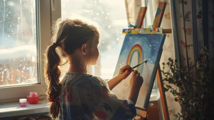 PSD une fille peint un arc-en-ciel sur une toile près de la fenêtre.