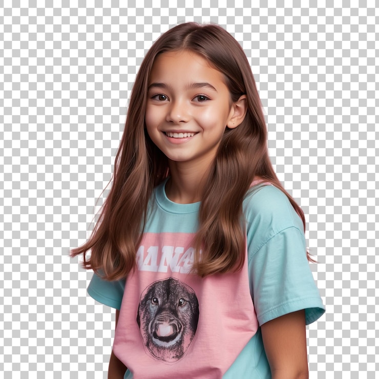 PSD une fille portant une chemise rose et bleue avec une photo d'un chien dessus