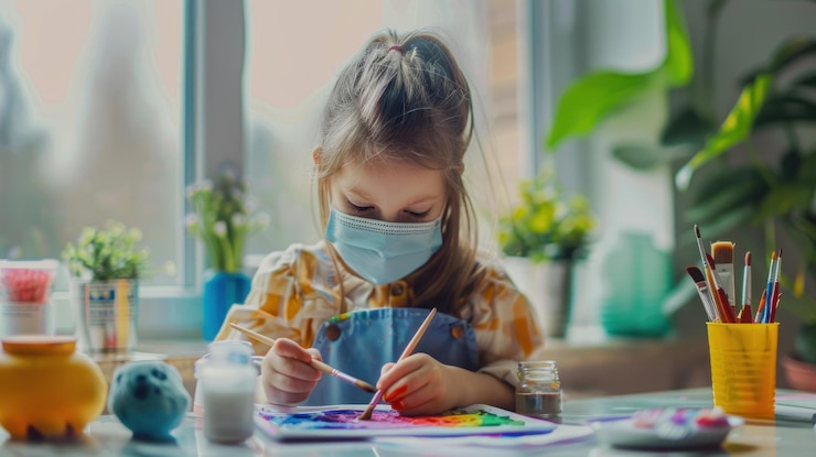 PSD fille portant des peintures de masque à la maison